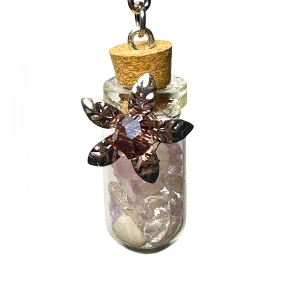 Wishing Bottle with Gemstone Chips and Crystal Center Flower on 925 Chain - Picture 7 of 14